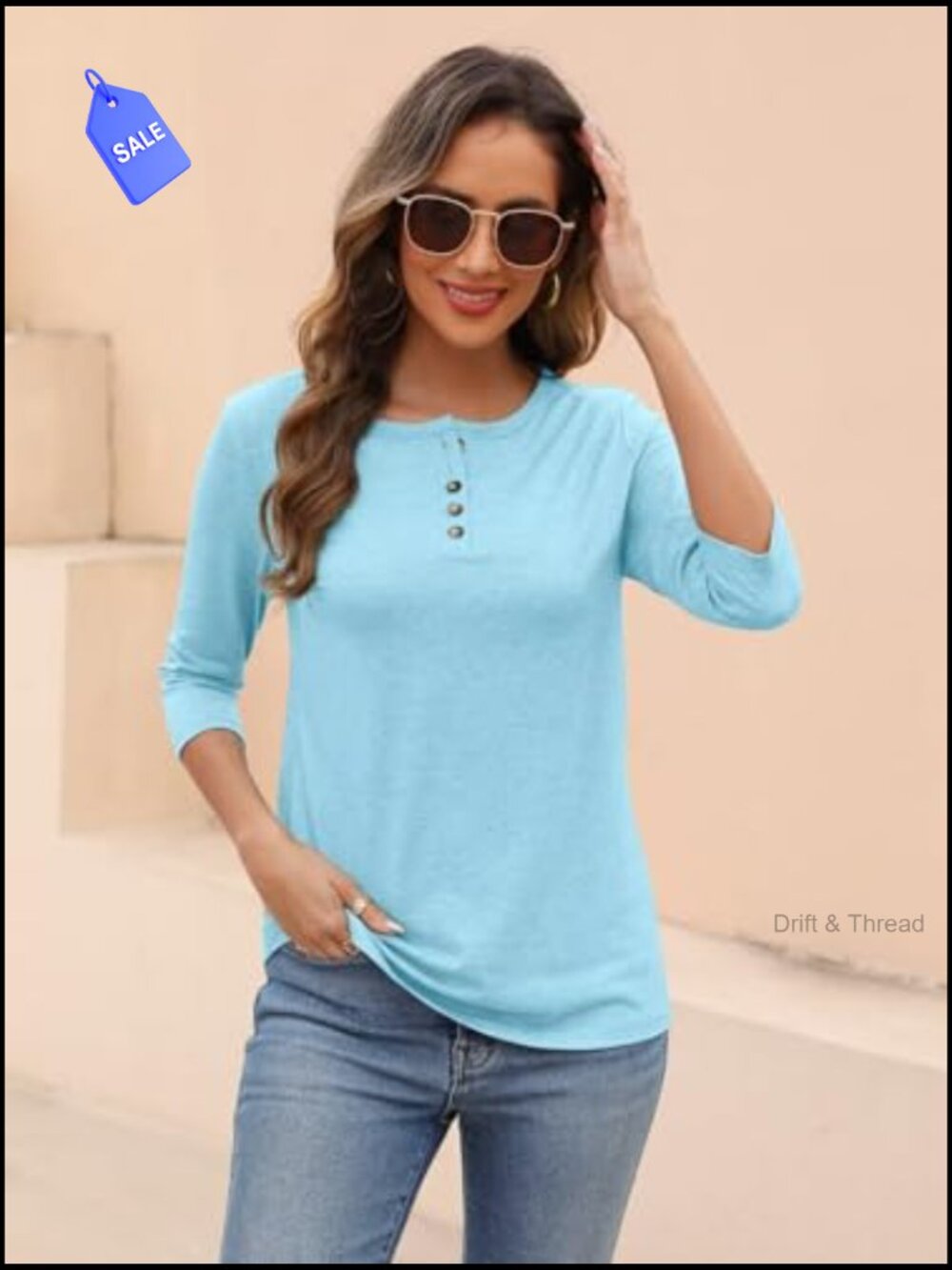 Women's 3/4 Sleeve Crew Neck Tunic Top Button Down Tee Blouse - Picture 4 of 7